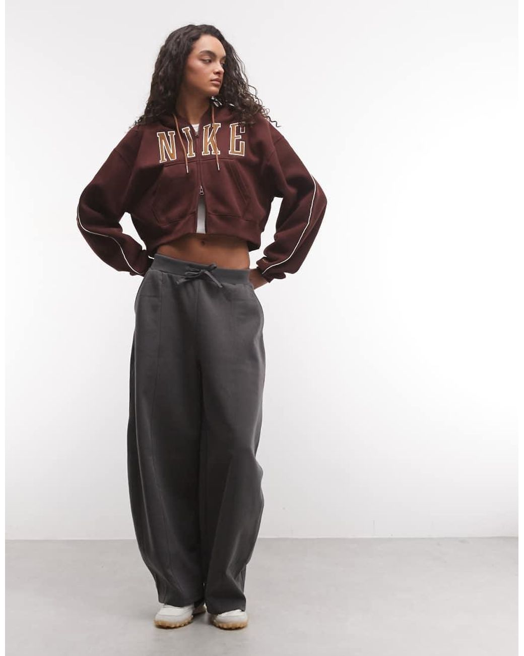 Nike Brown Studio Fleece Mid-Weight Oversized Cropped Zip-Through Logo Hoodie