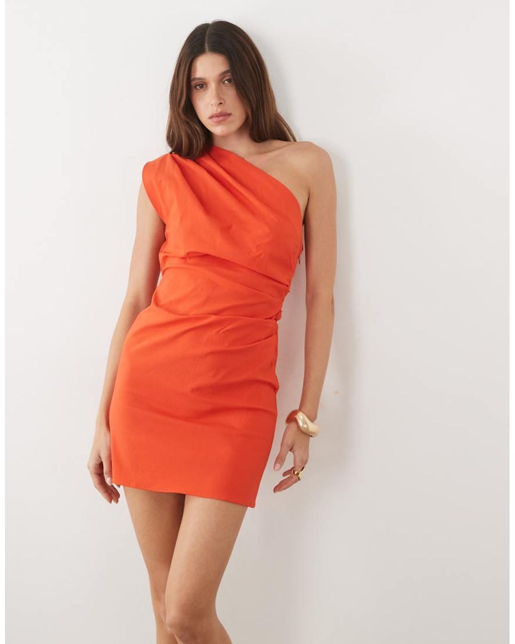 Mango Orange One Shoulder Ruched Mini Dress