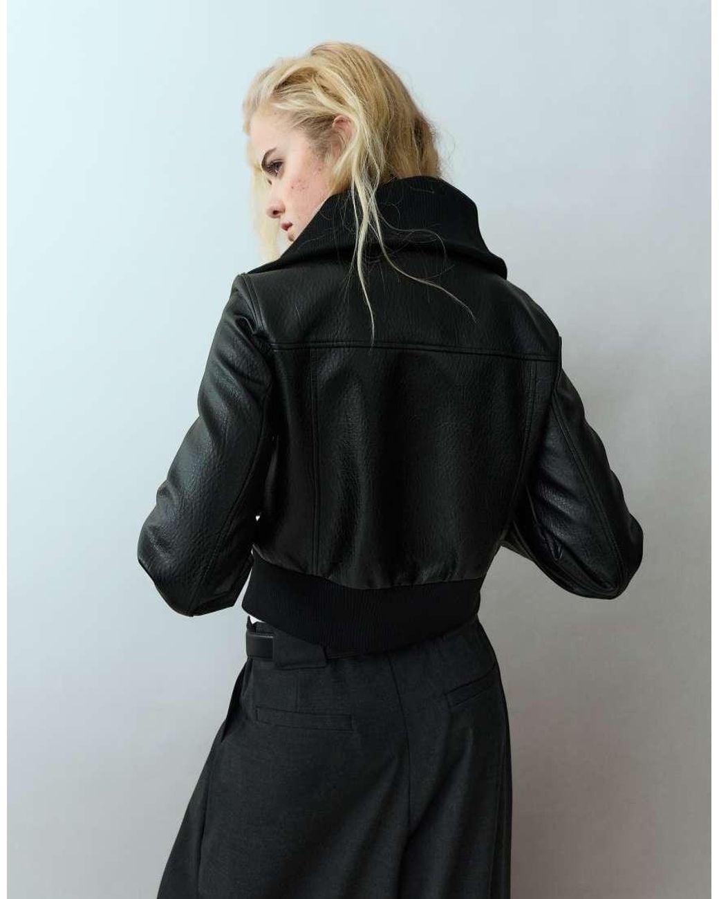 Pull&Bear Gray Leather-Effect Ribbed Jacket