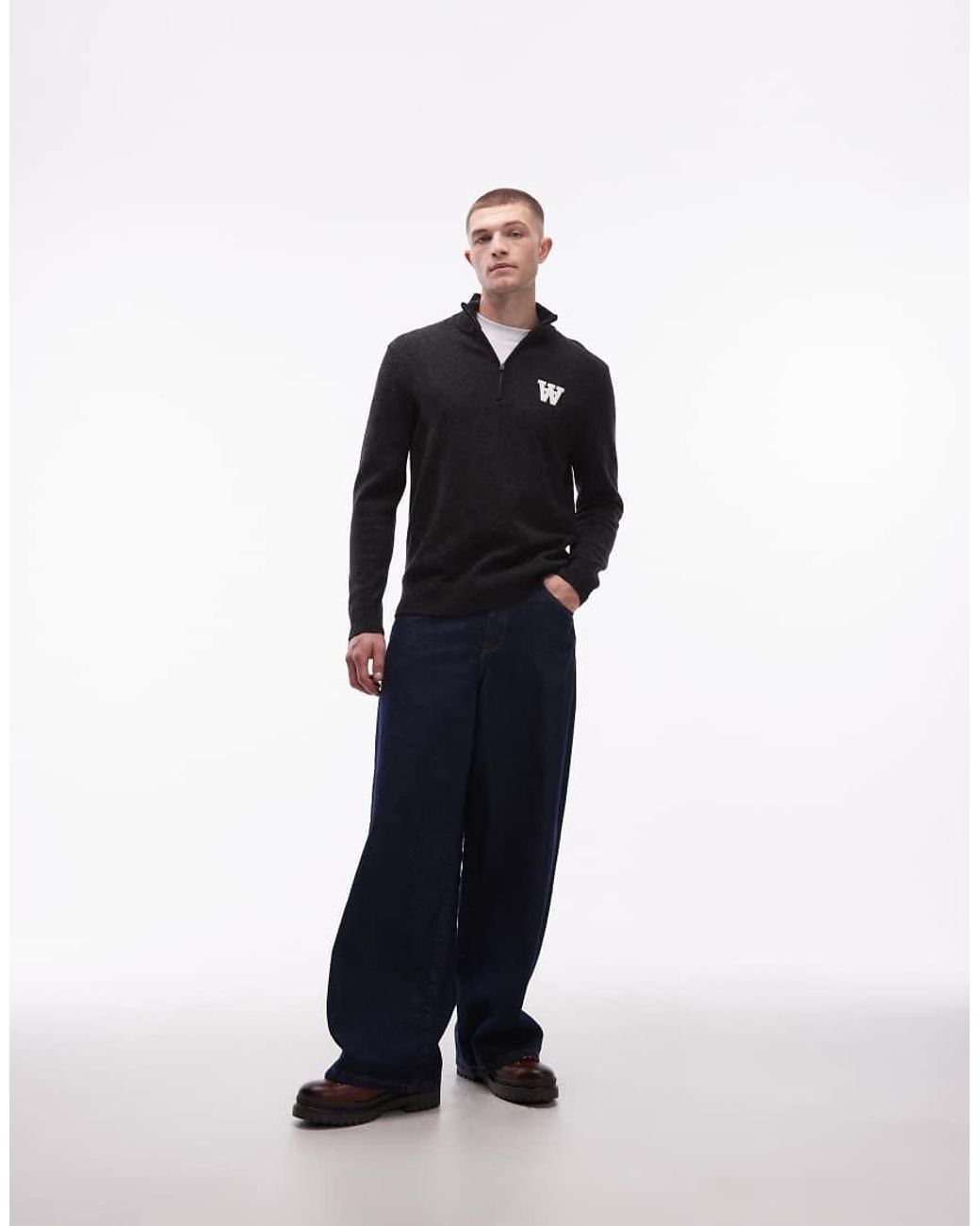 DOUBLE A by WOOD WOOD Blue 100% Wool Quarter-zip Knitted Jumper With Logo Detail for men