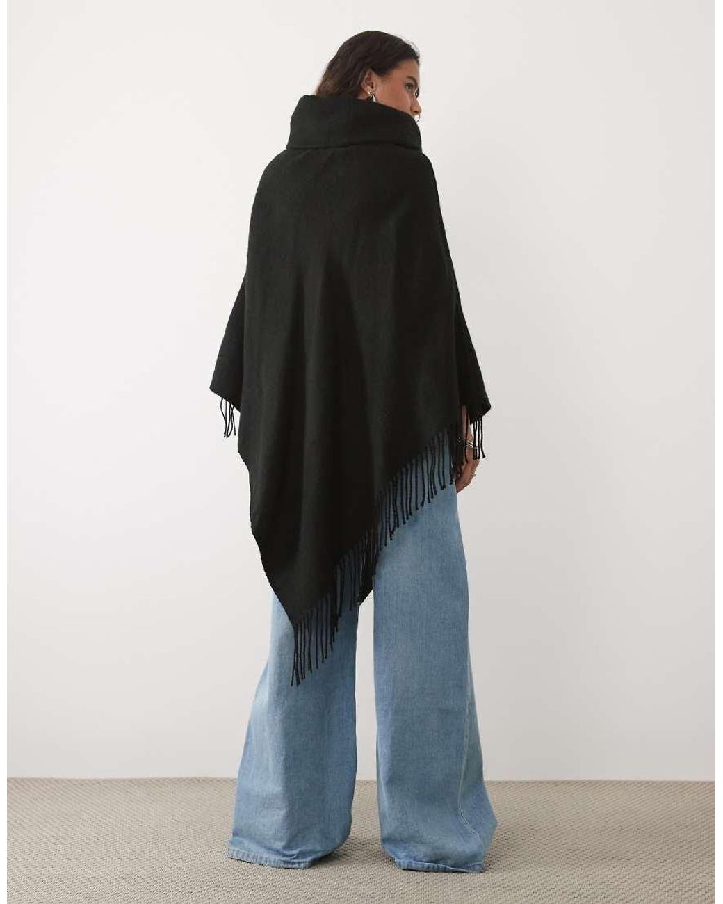 Vero Moda Blue Roll Neck Knitted Poncho With Fringing Detail