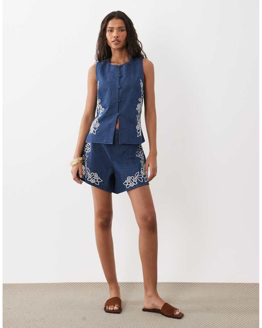 ASOS Blue Denim Sleeveless Top With Cutwork Detail