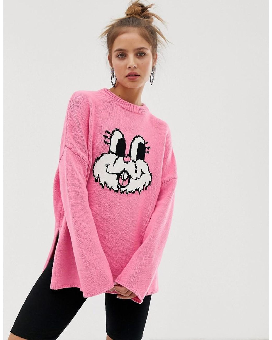Lazy Oaf Bunny Funnel Neck Jumper in Pink | Lyst