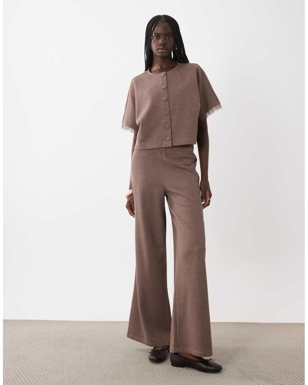 Miss Selfridge Brown Batwing Button Up Top With Lace Trim