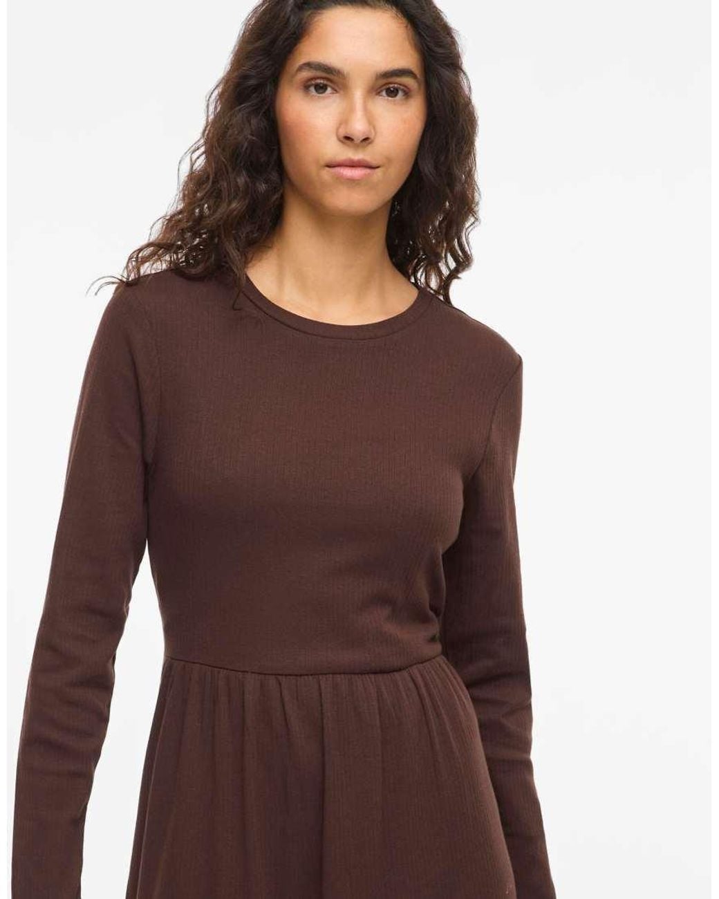 Vila Brown Sleeved Vihollie Ribbed Crew Neck Long Sleeve Medium Midi Dress
