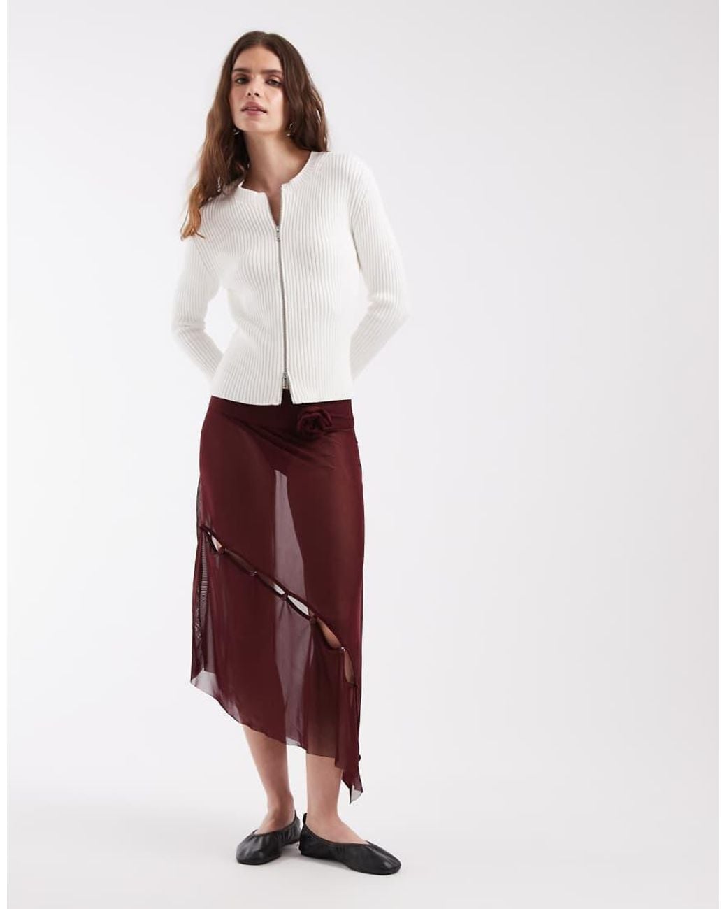 House Of Sunny White Assymetric Mesh Midi Skirt