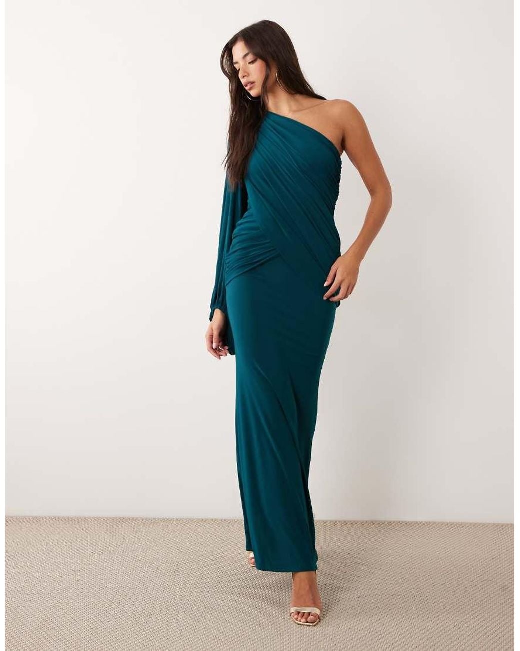 ASOS Blue Slinky One Shoulder Draped Maxi Dress With Blouson Sleeve