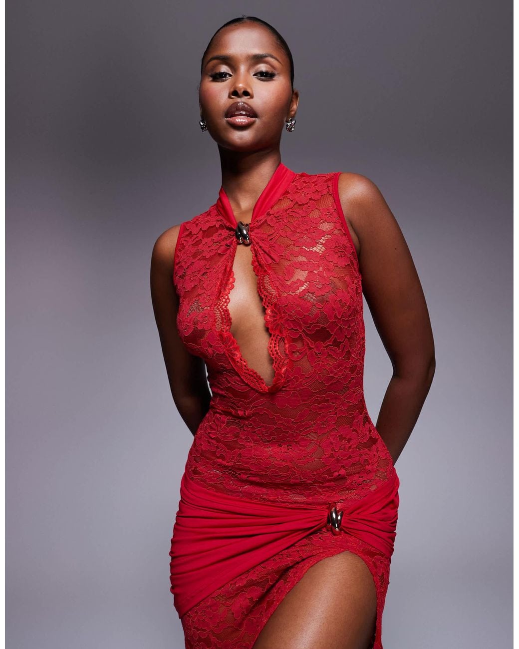 fitted lace wedding dress Little Red Dress Sheer Sleeve Party Dress – La Boutique Dacula main image 1