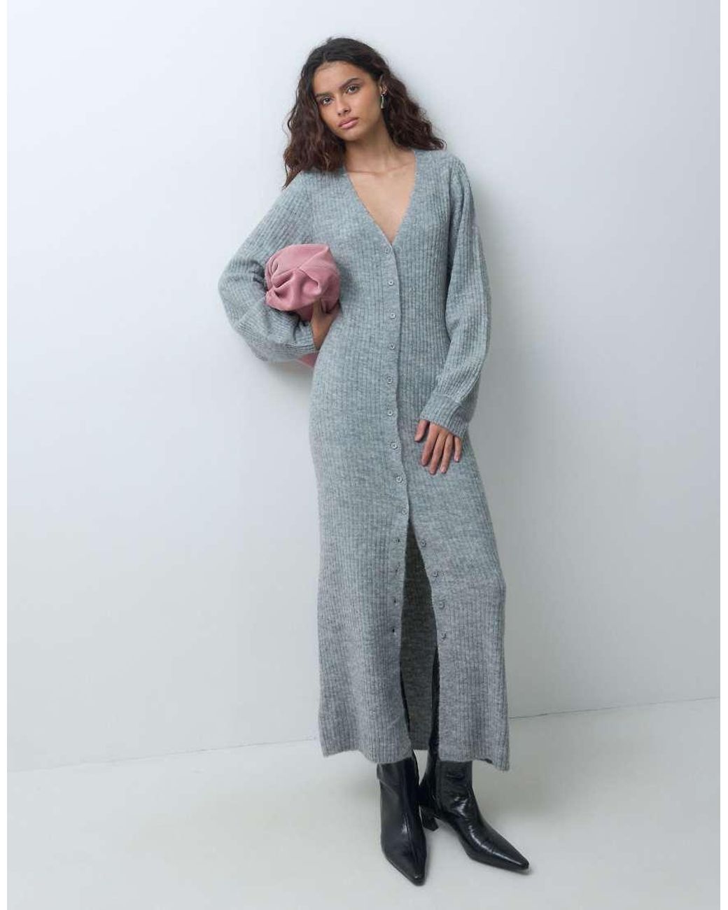 Pieces Blue Balloon Sleeve Button Front Knitted Dress