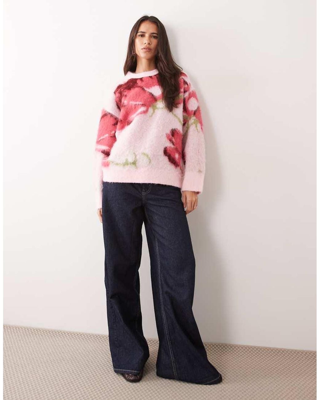 ASOS Pink Brushed Floral Crew Neck Jumper