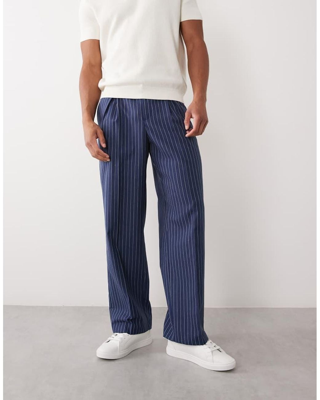 ASOS Blue Linen Blend Tailored Pleated Wide Leg Pants for men
