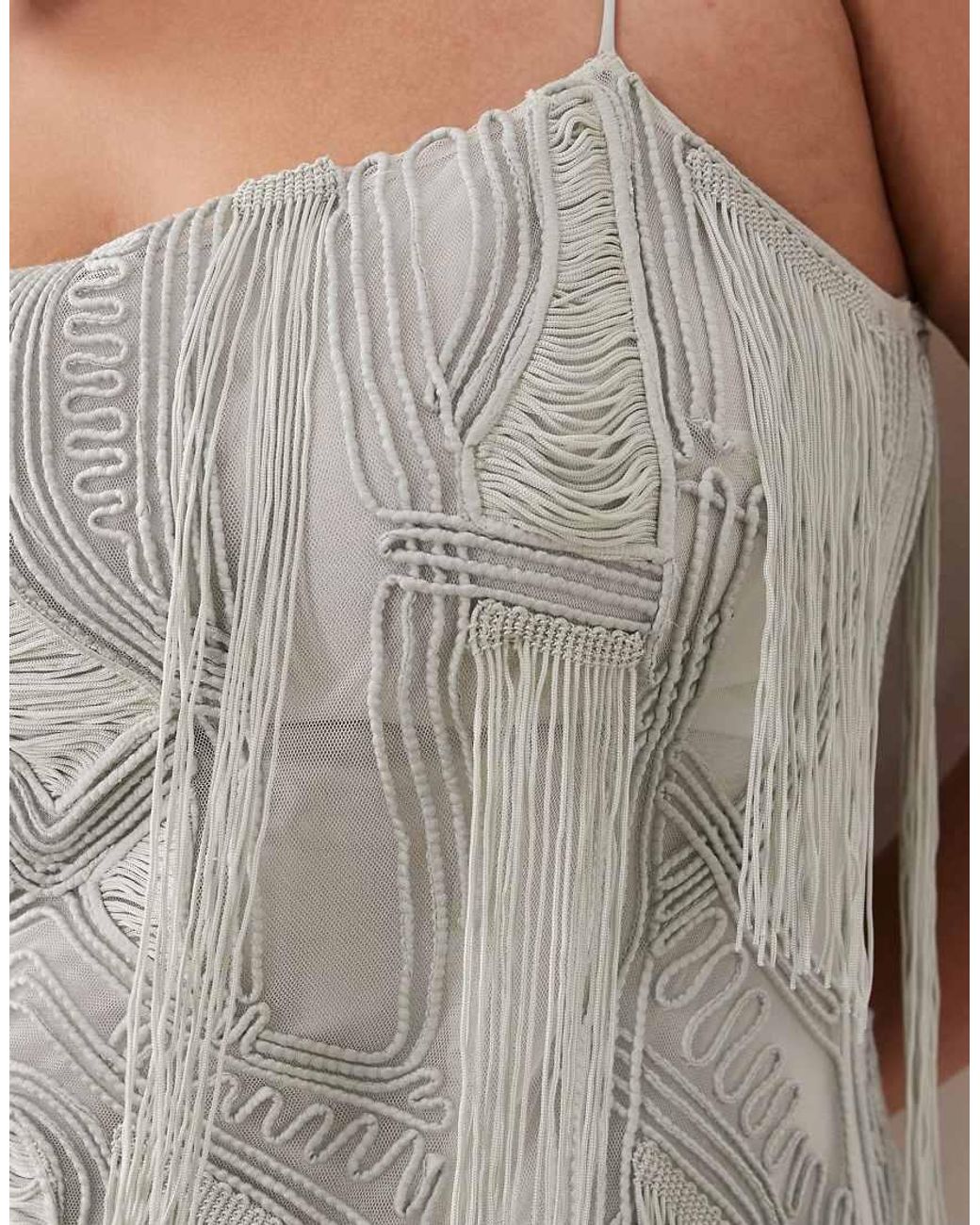 ARRANGE Gray Curve Geo Fringe Cami Column Maxi Dress