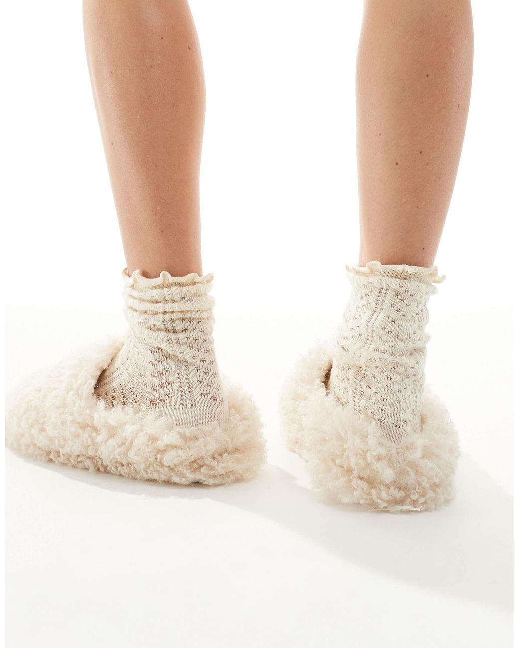 Loungeable White Cosy Borg Mule Slippers