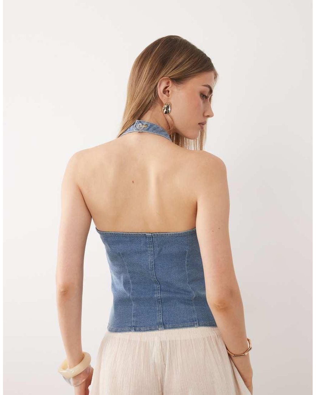 Miss Selfridge Blue Denim Corset Top With Lace Trim