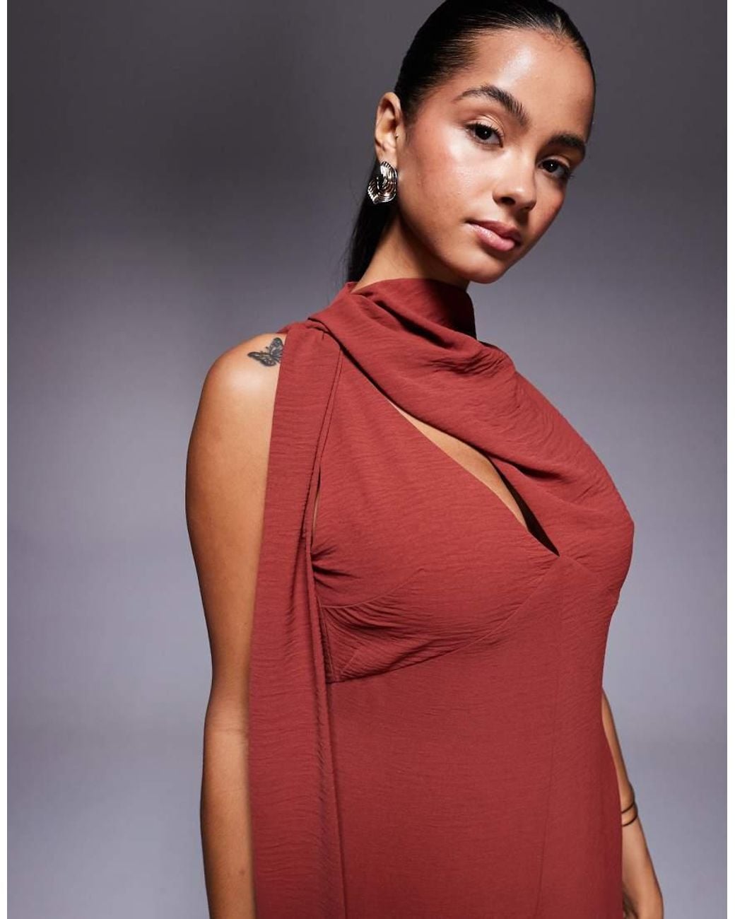 ASOS Red Cowl Draped Neck Wide Leg Jumpsuit With Tie Detail
