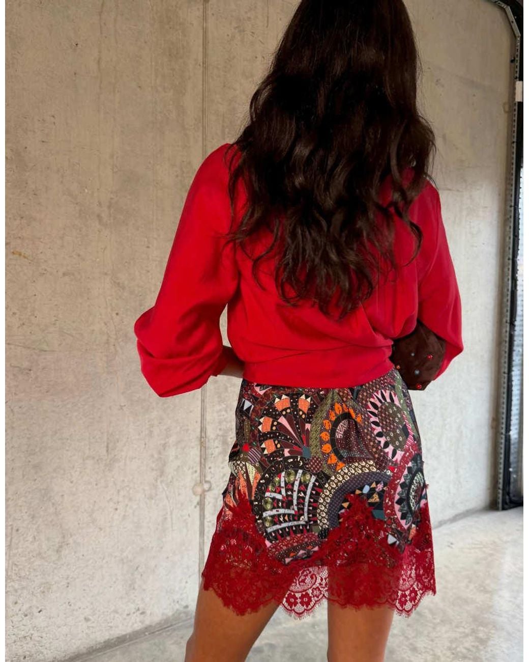 Never Fully Dressed Red Maeva Satin Lace Hem Mini Skirt