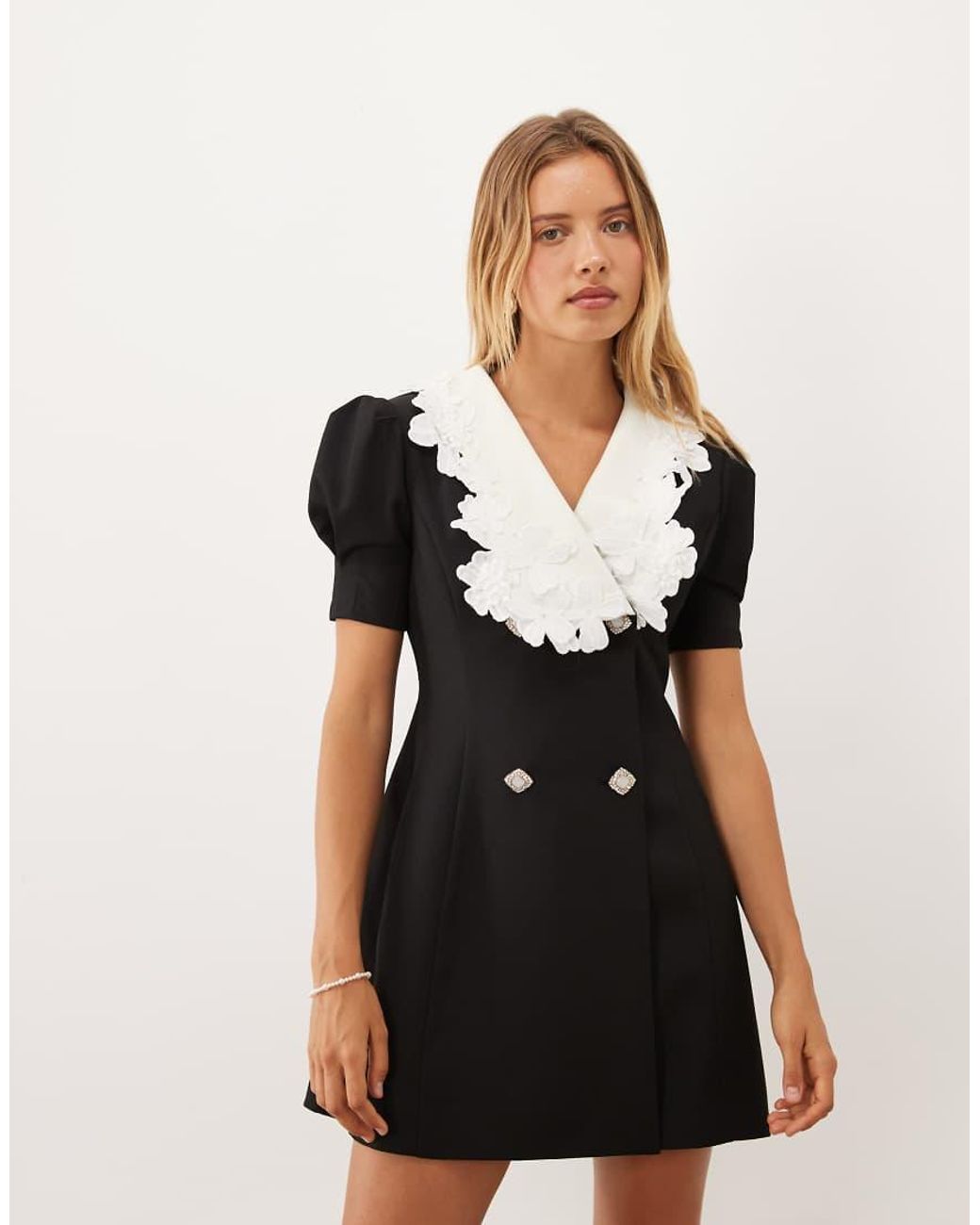 Sister Jane Black Exclusive Contrast Collar Puff Sleeve Mini Dress