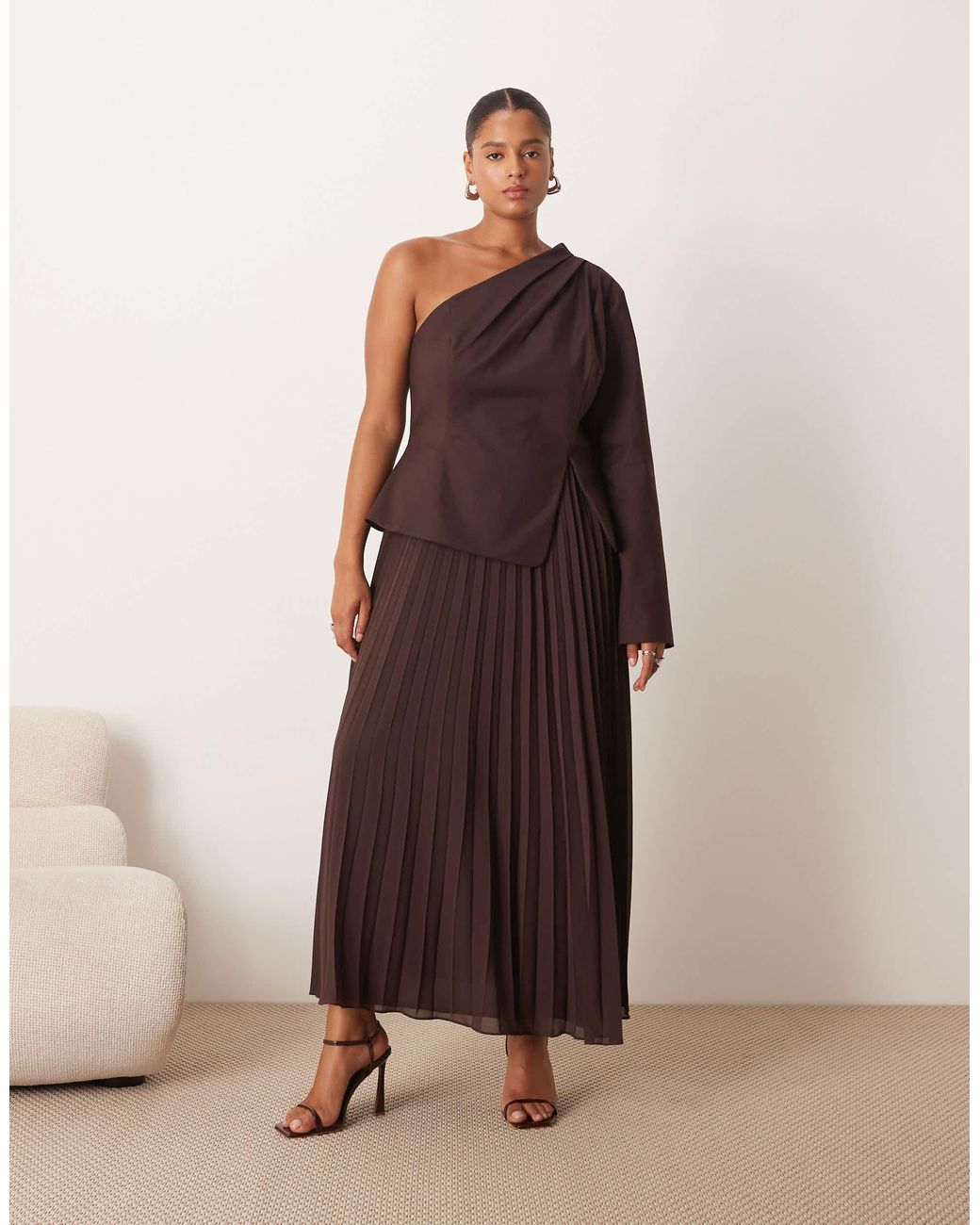 ARRANGE Curve Sculpted One Shoulder Maxi Dress With Micro Pleat Hem in Brown  | Lyst