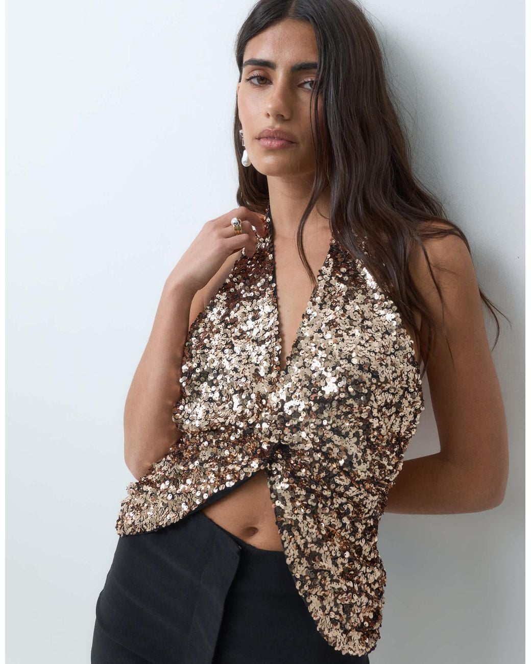 ASOS Multicolor Sequin Plunged Front Top