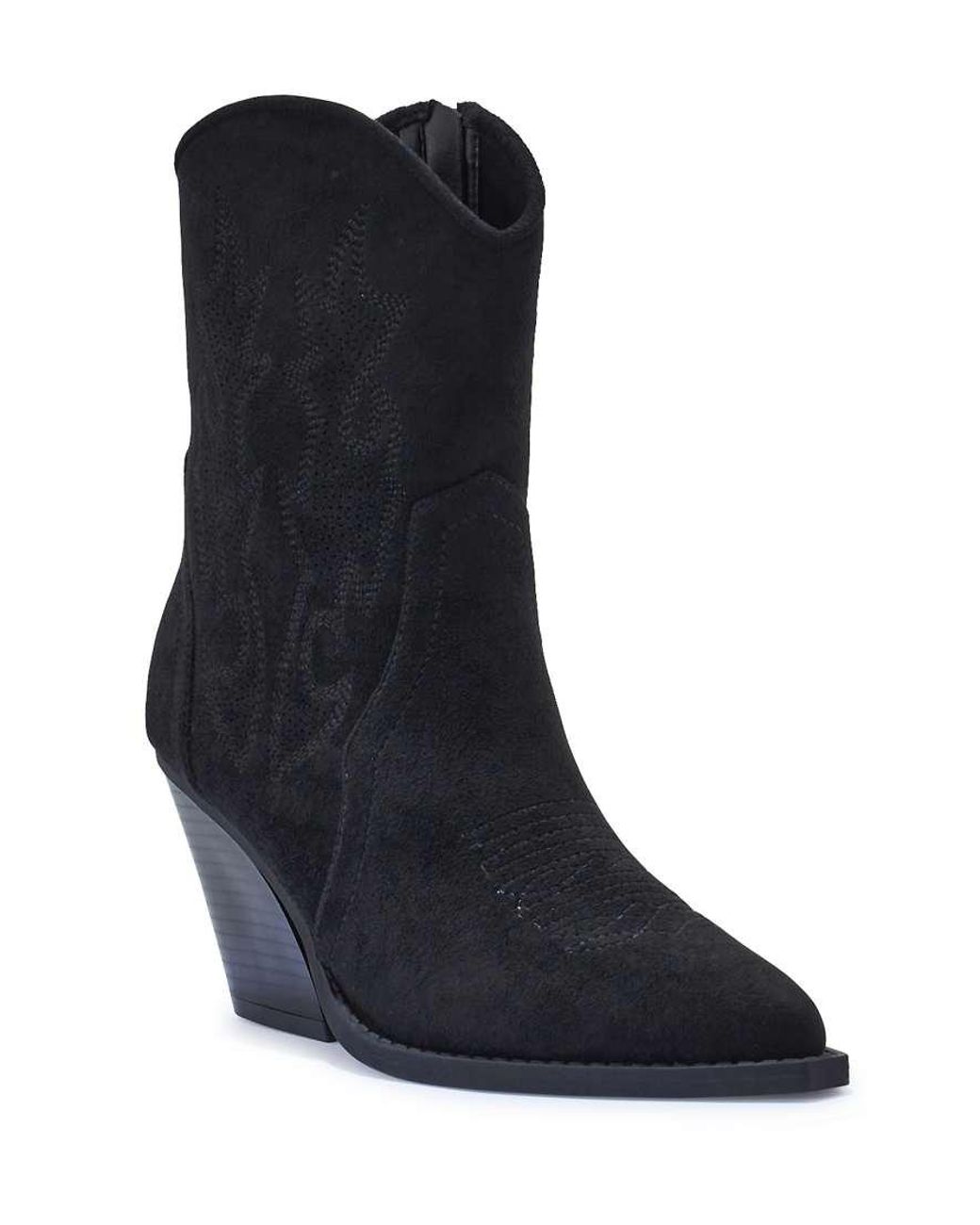SEQWL Black Western Embroidered Calf Boots With Curved Block Heel
