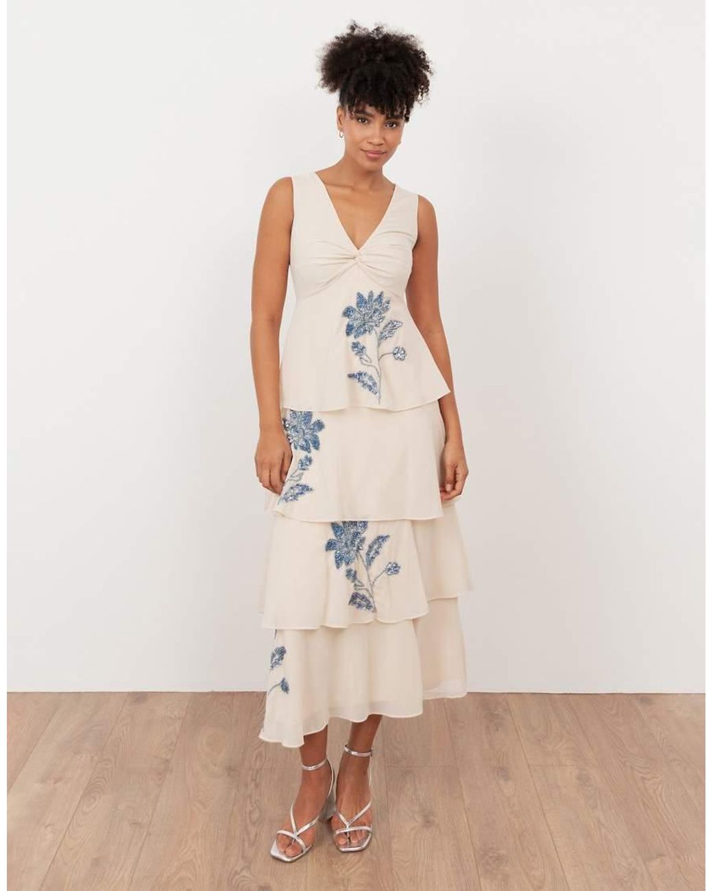 Maya Natural Twist Front Embellished Tiered Midaxi Dress