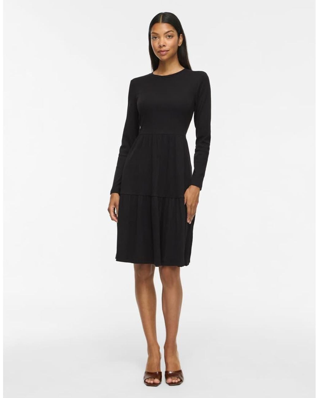 Vila Black Sleeved Vihollie Ribbed Crew Neck Long Sleeve Medium Midi Dress