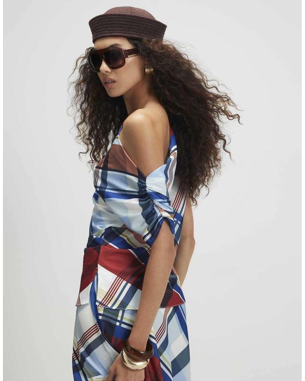River Island Blue Check Satin Blouse