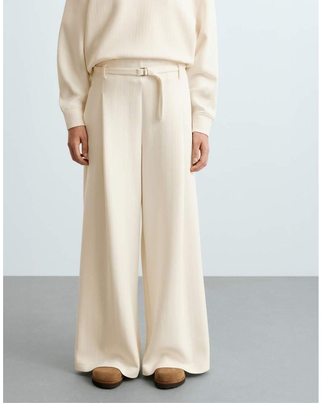 Oysho White Striped Cotton Piqué Wide-Leg Trousers