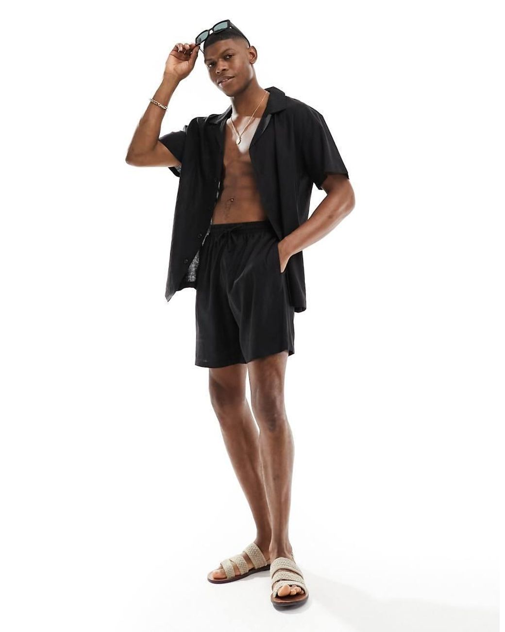 South Beach Black Linen Blend Beach Shirt for men