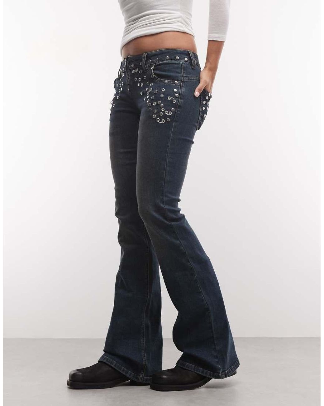 The Ragged Priest Gray Low Rise Flare Jean With Eyelet Detailing