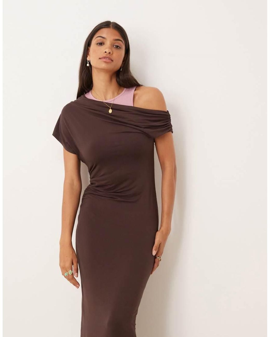 ASOS Natural Fallen Shoulder Midi Dress With Racer Under Layer