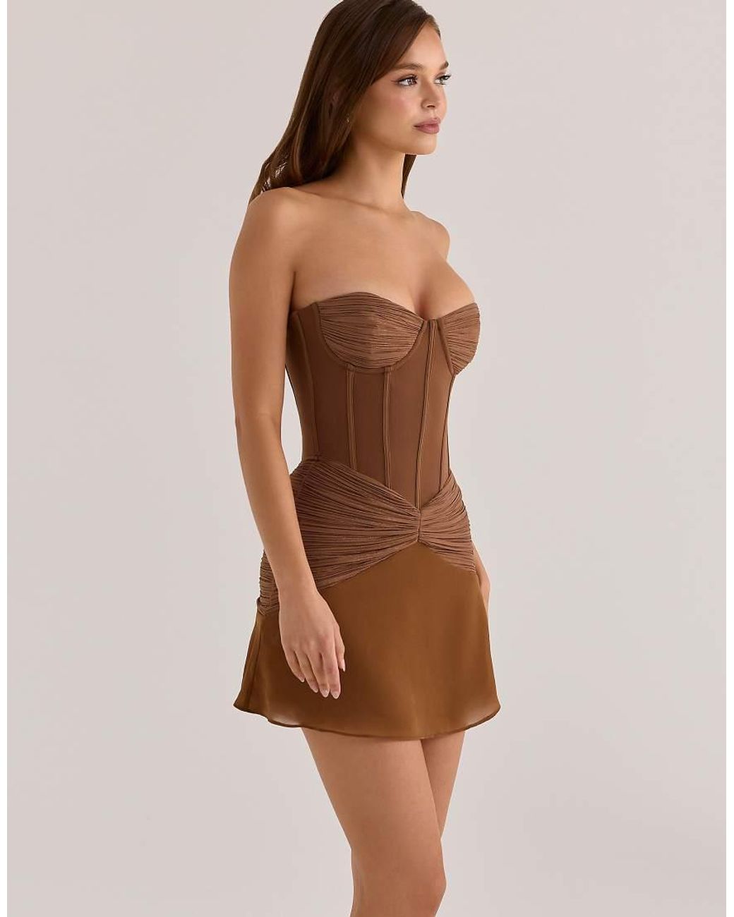 House Of Cb Brown Charlotte Bronze Shimmer Chiffon + Mesh Strapless Mini Dress