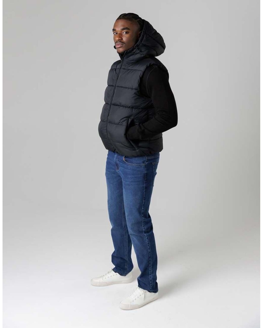 French Connection Blue Padded Hooded Gilet for men