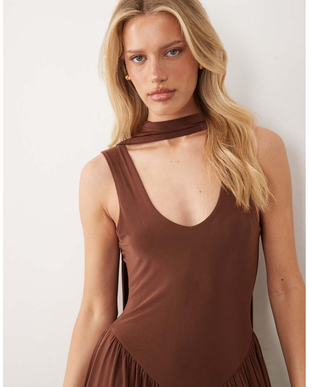 ASOS Brown Slinky Maxi Dress With Scarf Detail