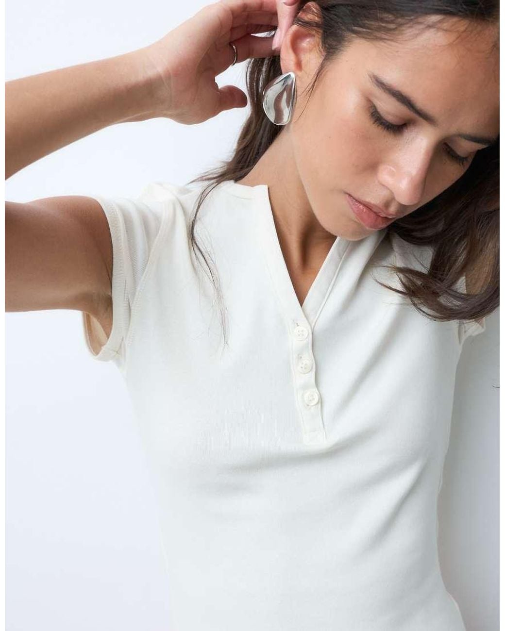 ASOS White Cotton V Neck Button Detail Henley Baby Tee
