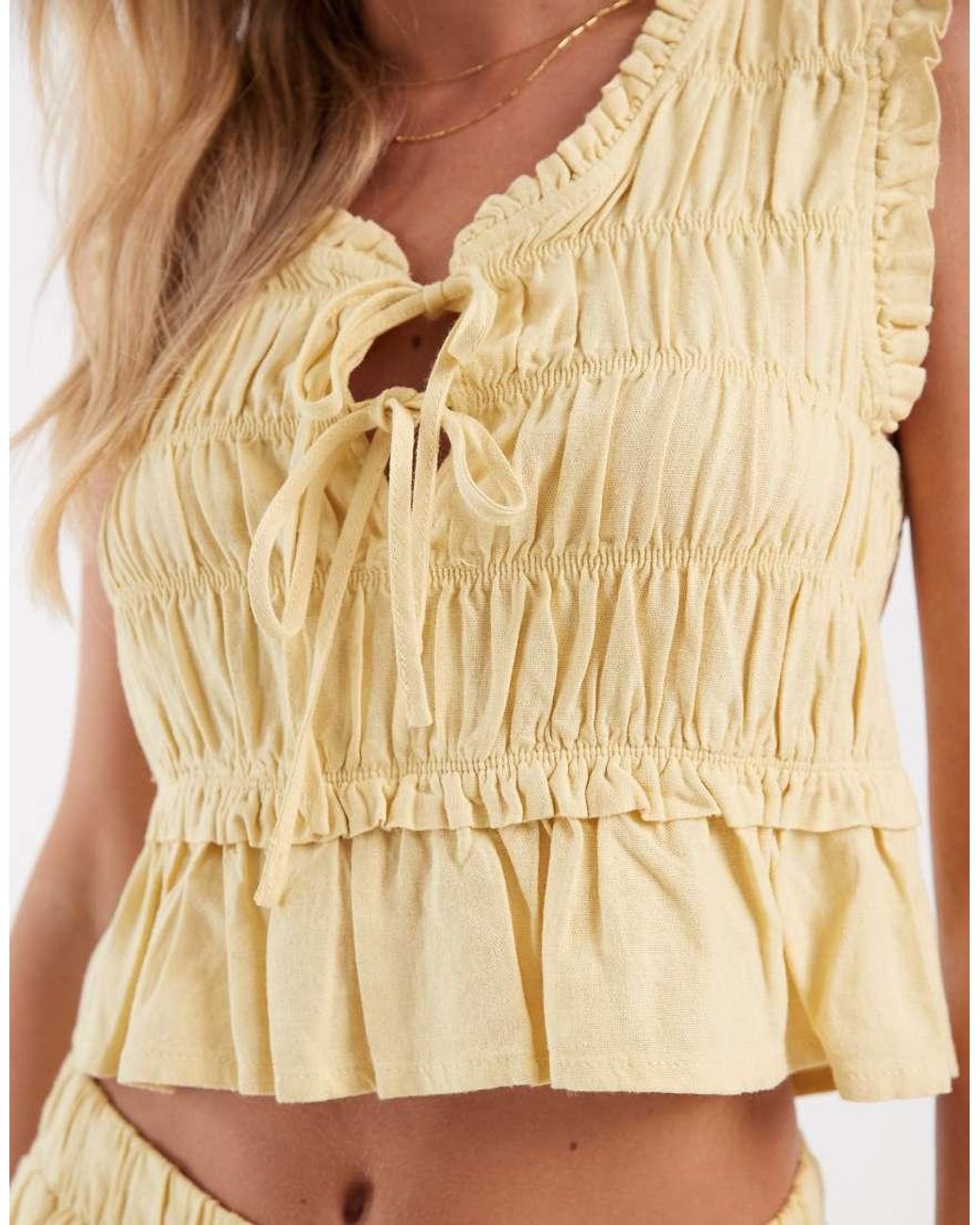 Only Petite Yellow Linen Blend Tie Front Ruched Top Co-ord