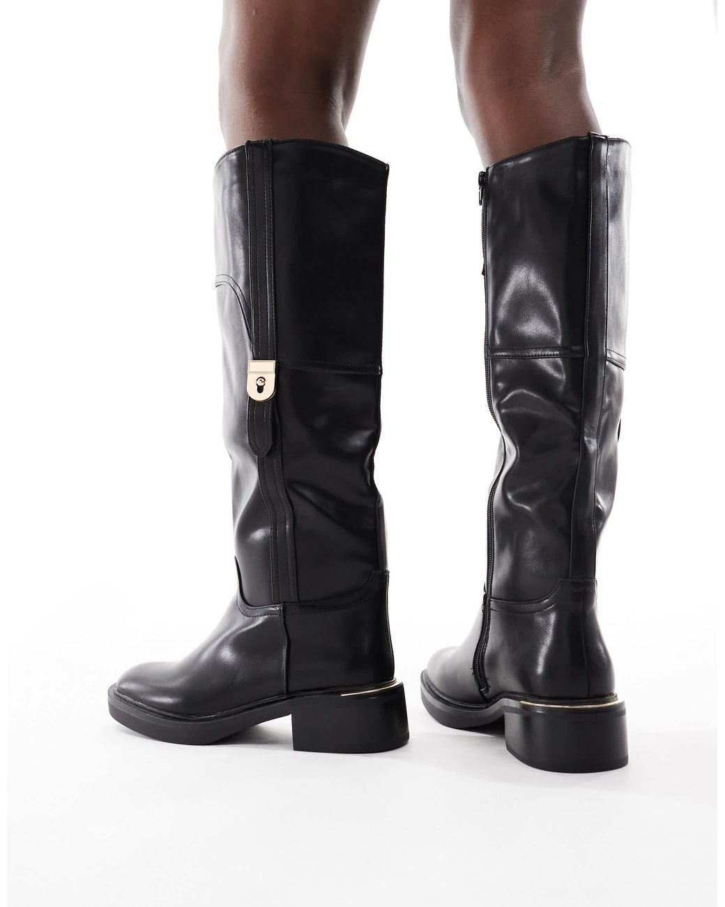 SEQWL Wide Fit White Twix Buckle Detail Refined Riding Boots