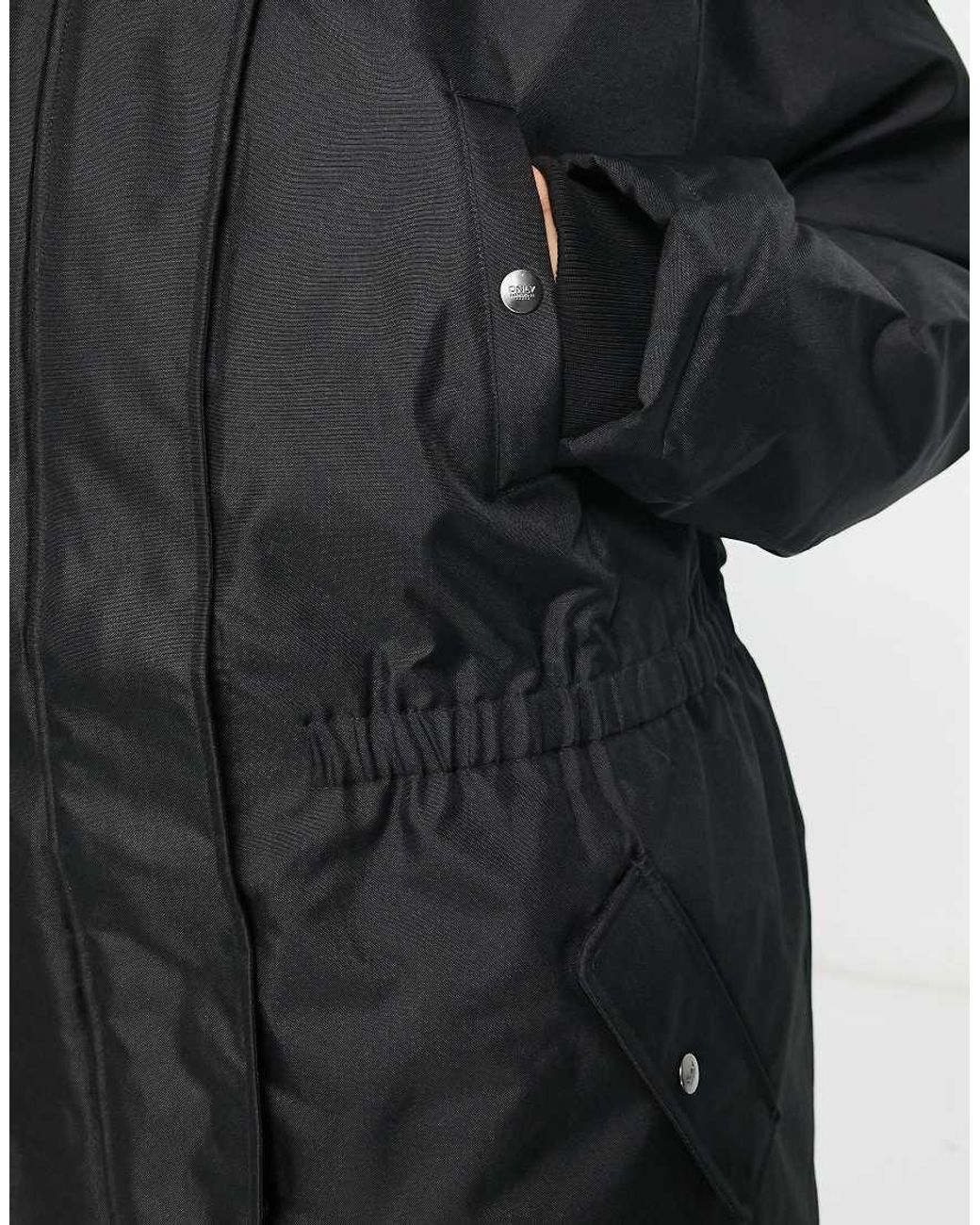 ONLY Black Parka Coat With Faux Fur Hood