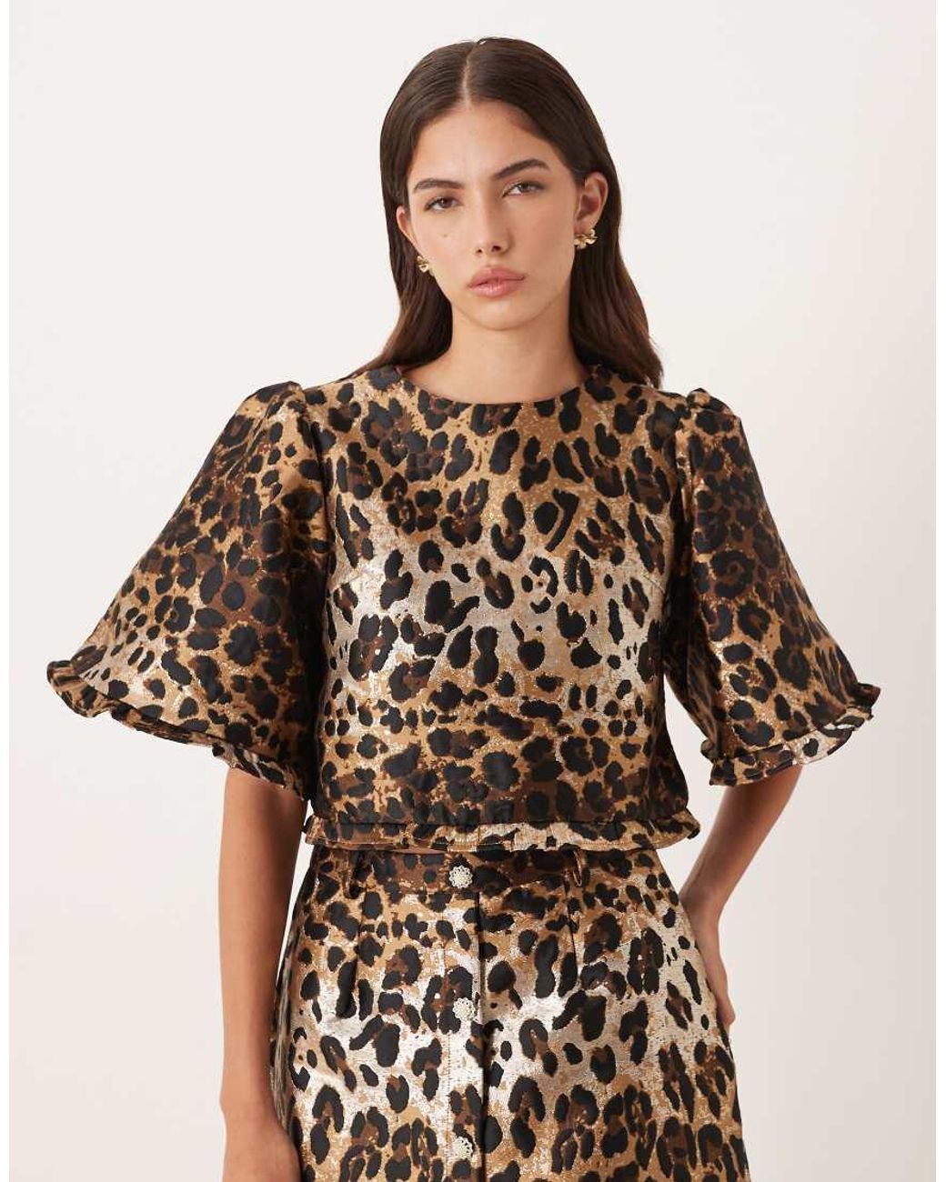 Sister Jane Brown Jacquard Bell Sleeve Crop Top Co-ord
