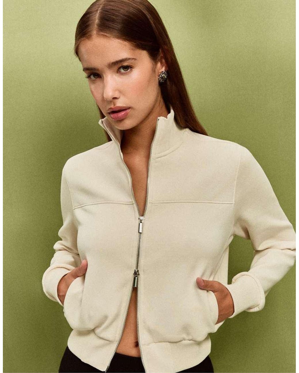 Stradivarius Green B09 Cropped High-Neck Zip-Up Sweatshirt