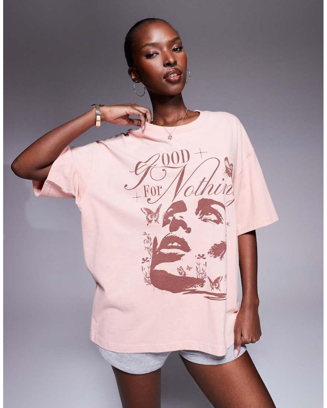 Good For Nothing Pink Graphic Print Oversized T-Shirt