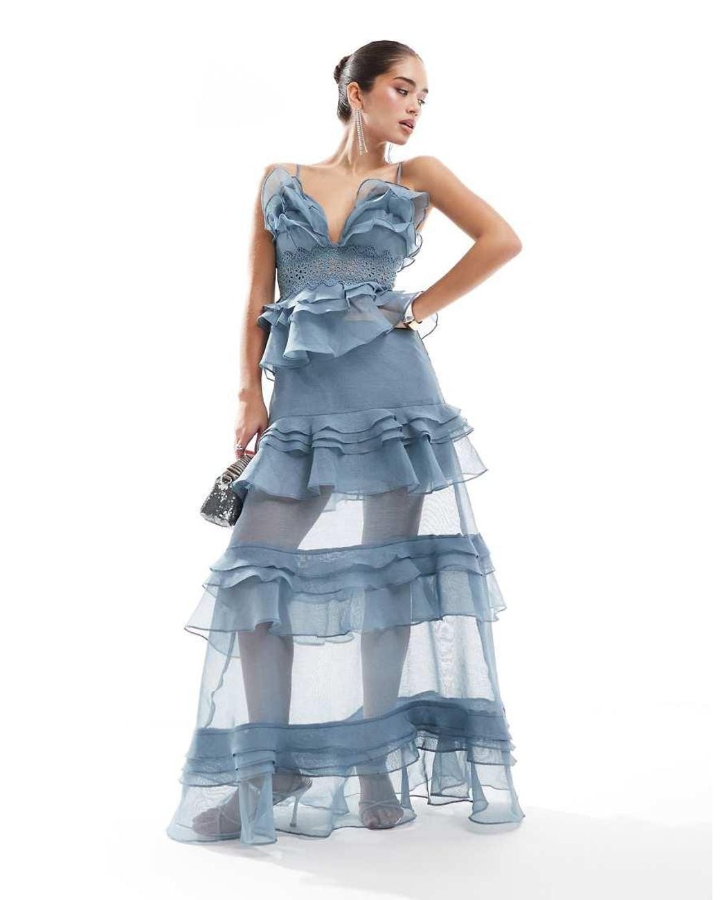 True Decadence Plunge Front Tiered Ruffle Maxi-Dress in Blue | Lyst UK