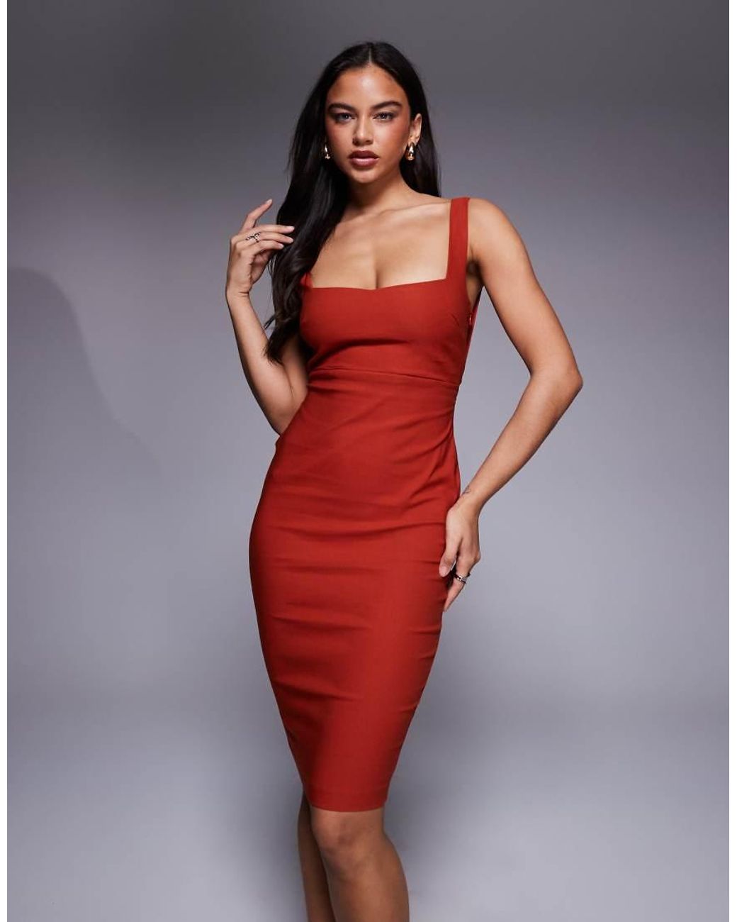 Vesper Red Square Neck Bodycon Midi Dress