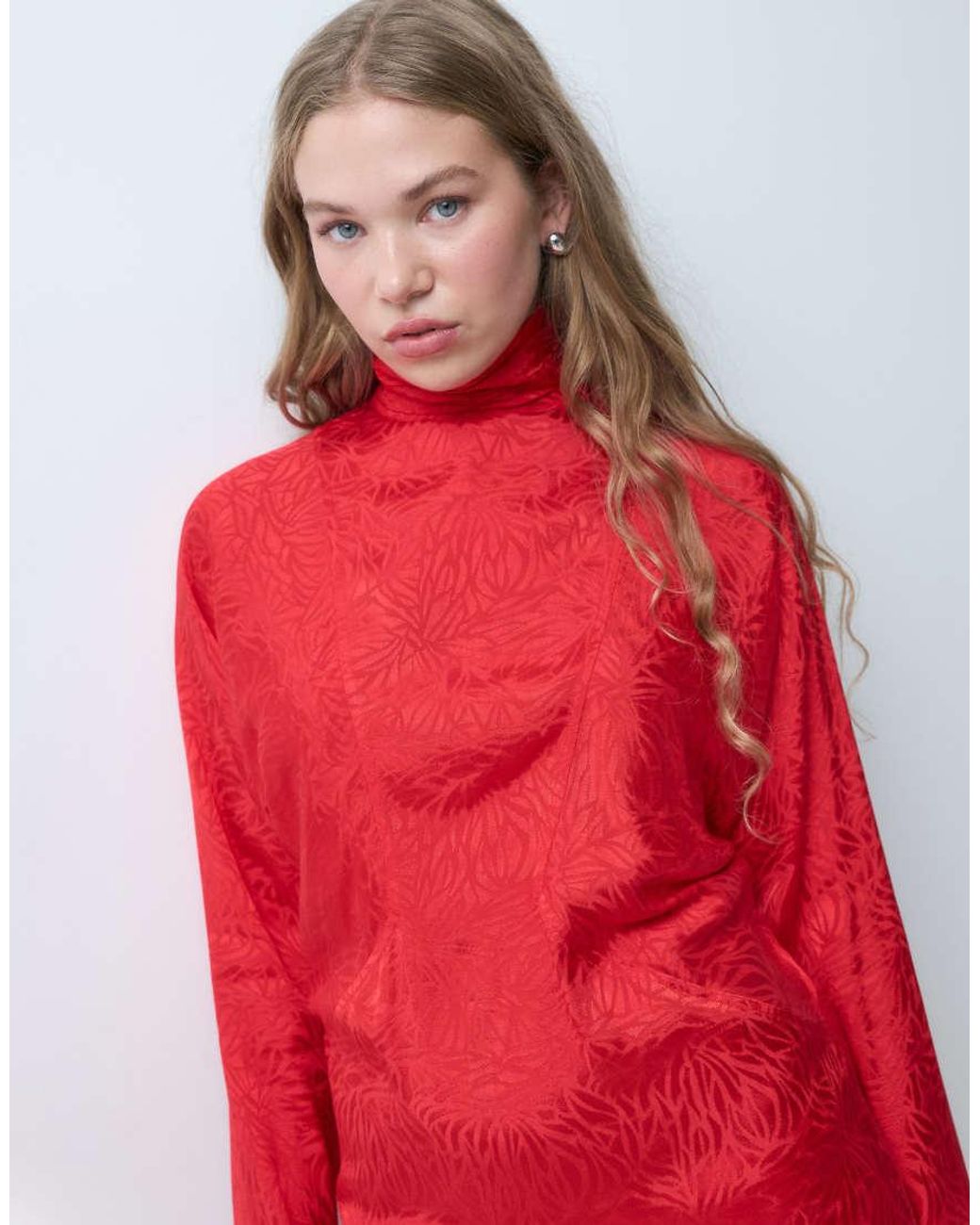 ASOS Red Asos Design Petite High Neck Batwing Satin Jacquard Mini Dress
