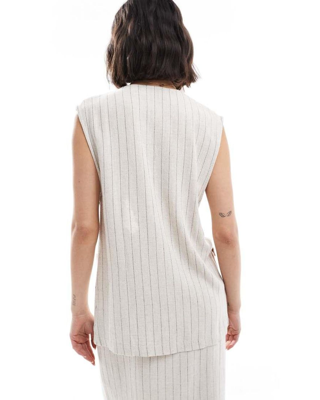 ASOS Gestreept Gilet Van Linnenmix Met Lange Pasvorm, Deel Van Co-Ord Set in het White