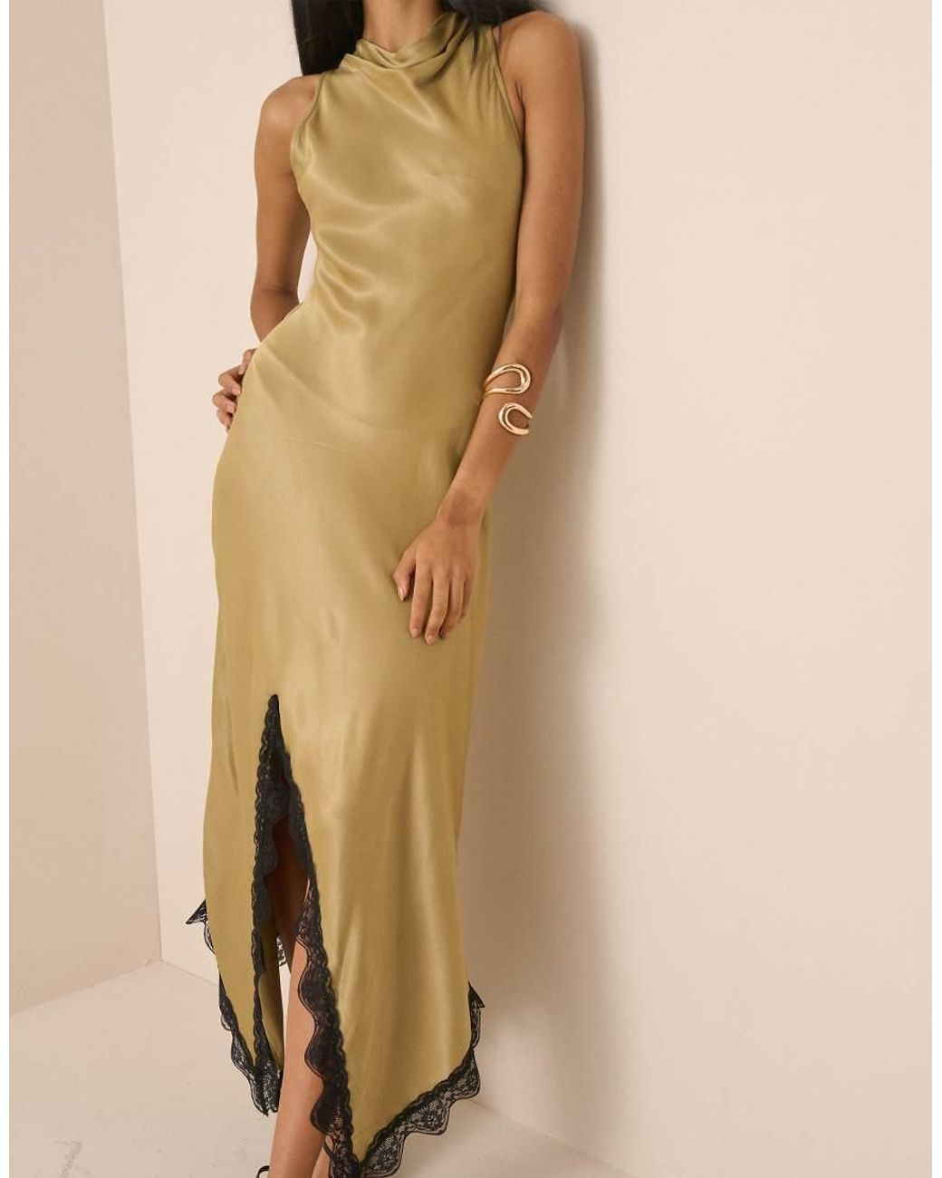 Nobody's Child Natural Marta Satin High Neck Sleeveless Lace Split Hem Maxi Dress
