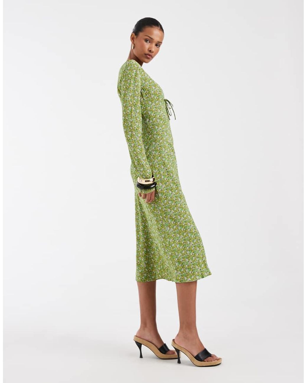 green bias cut dress & Other Stories Vee Neck With Fluted Sleeves in Friday