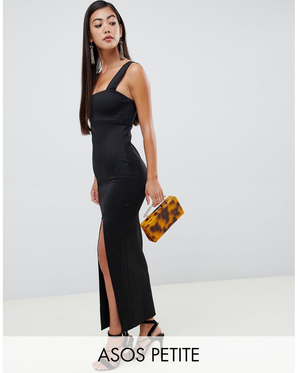 ASOS DESIGN Petite - Robe longue à encolure carrée et fente sur la cuisse  Jean ASOS en coloris Noir - Lyst