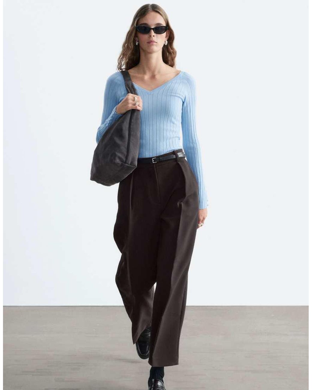 & Other Stories Blue 100% Wool V Neck Long Sleeve Rib Top With Button Up Cuffs