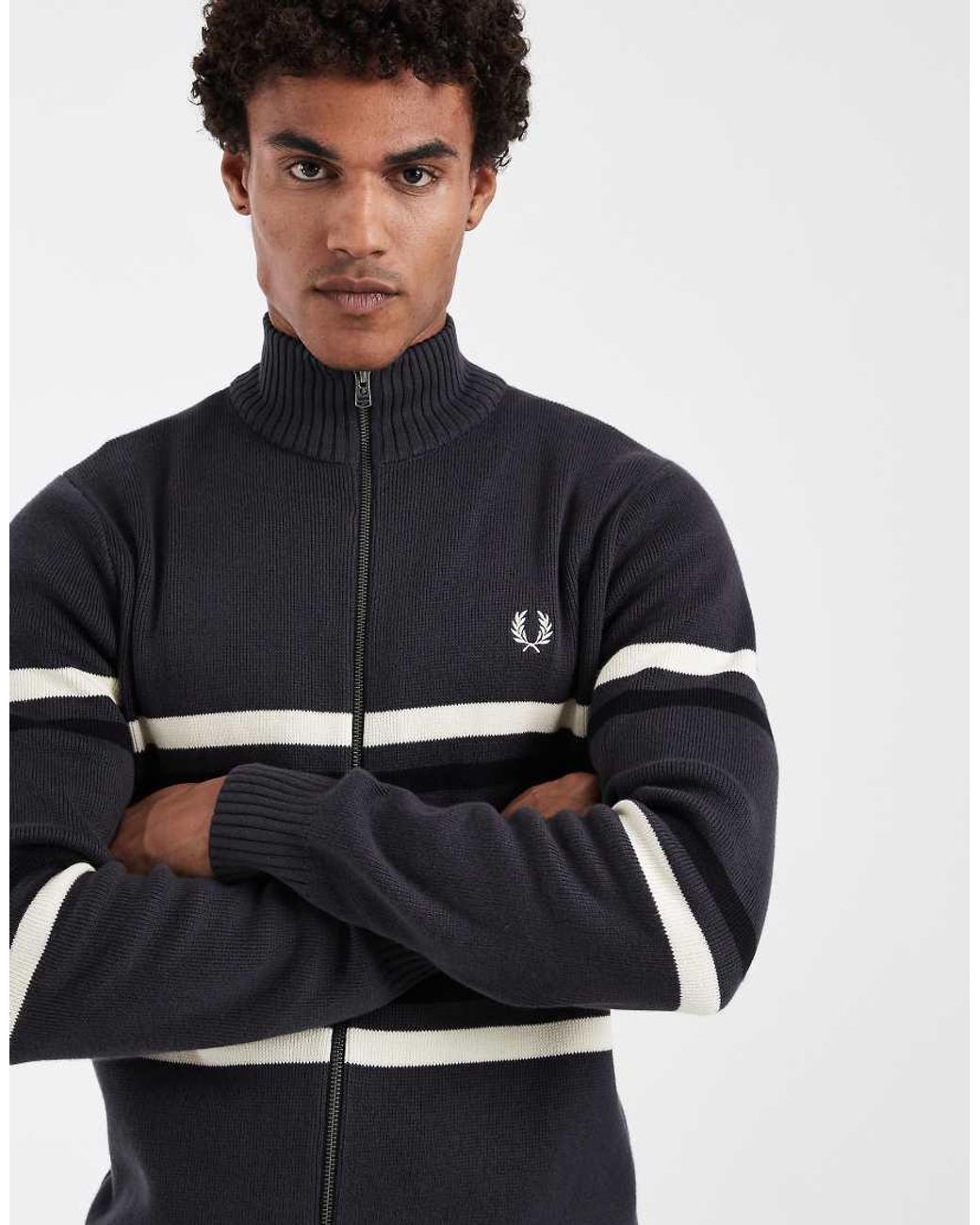 Fred Perry Blue Stripe Logo Graphic Zip Up Cardigan for men